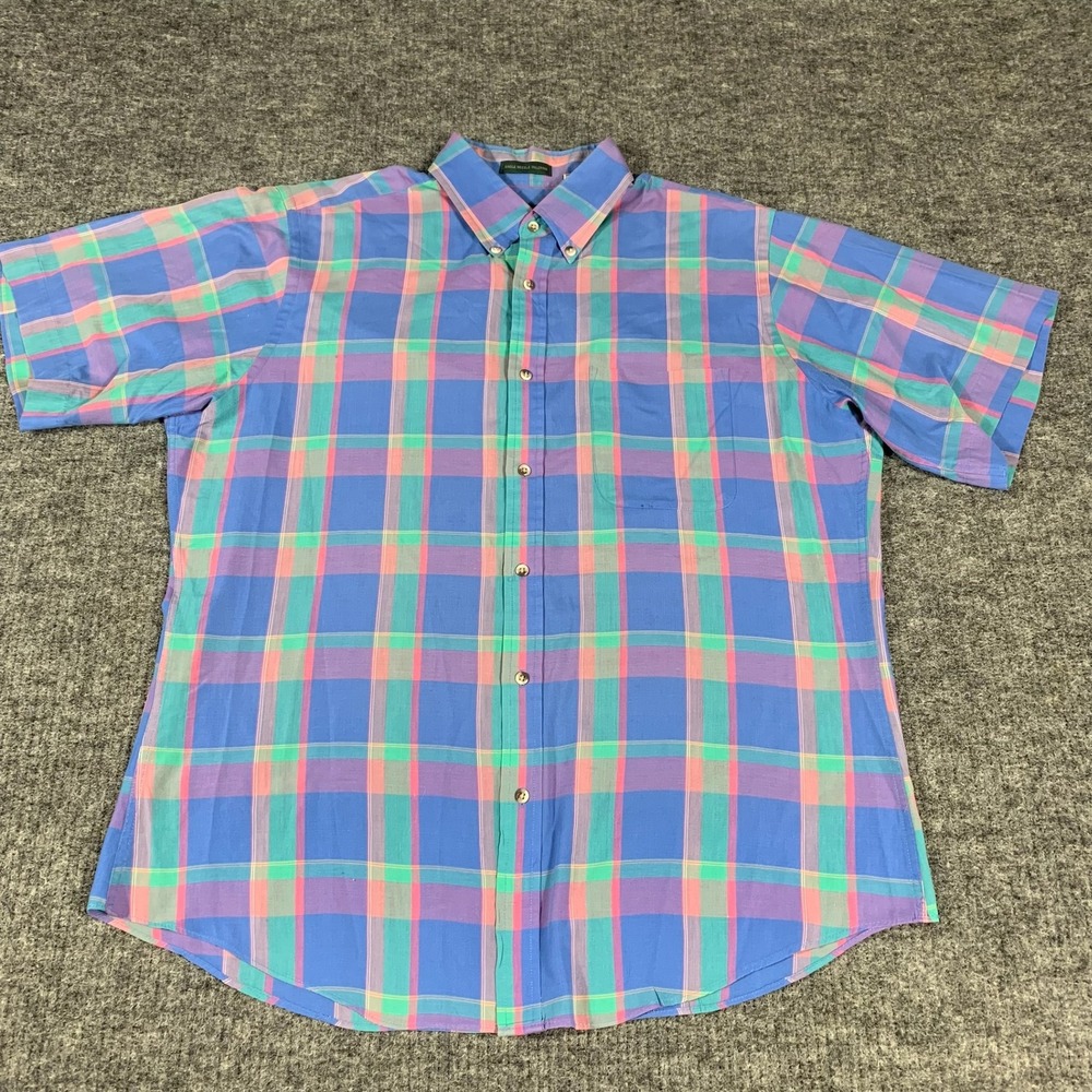 Vintage Boundary Waters Shirt Mens Large Blue Plaid Short Sleeve Button Down 90s